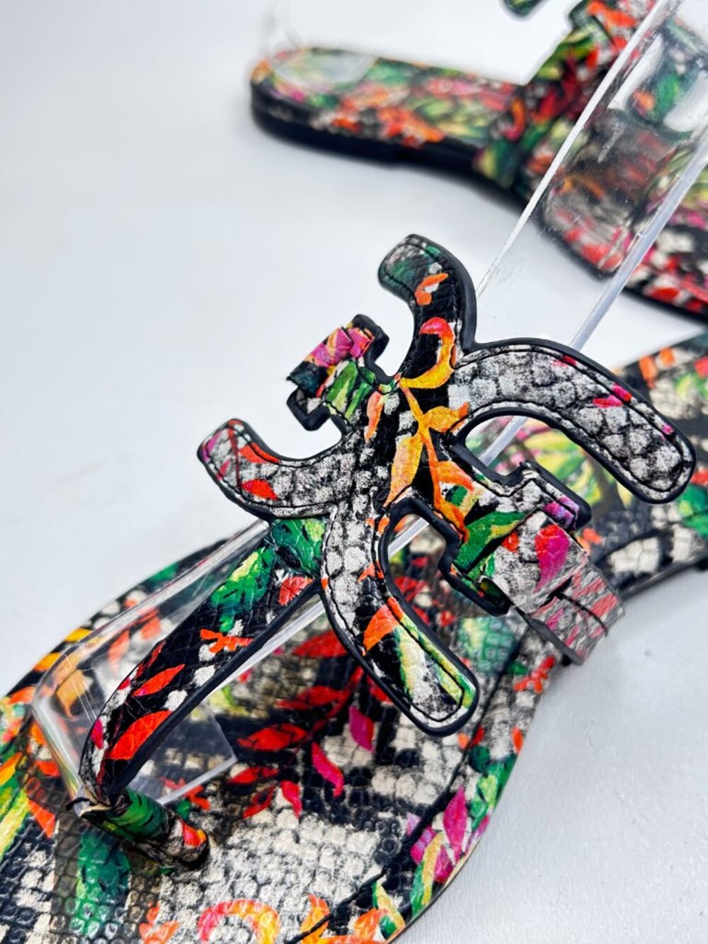 SAM EDLMAN Carter Flip Flop Size 7 Floral Palms Green Orange Pink Black Sandal C